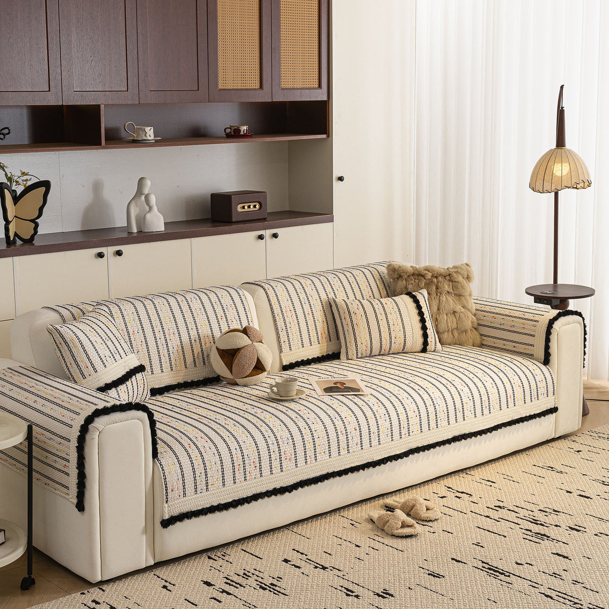 Textured Striped Sofa Cover with Plush Trim, Non-Slip Couch Protector Sectional Covers
