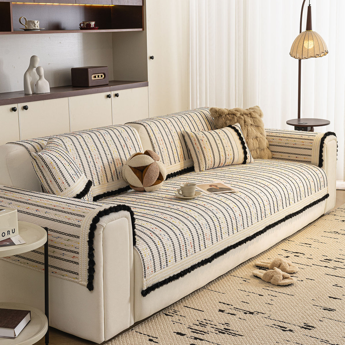 Textured Striped Sofa Cover with Plush Trim, Non-Slip Couch Protector Sectional Covers