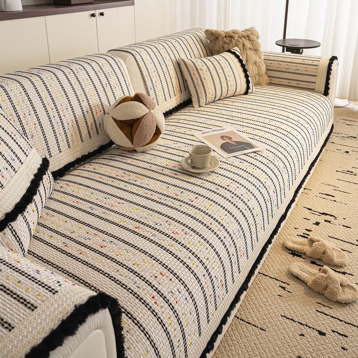 Textured Striped Sofa Cover with Plush Trim, Non-Slip Couch Protector Sectional Covers
