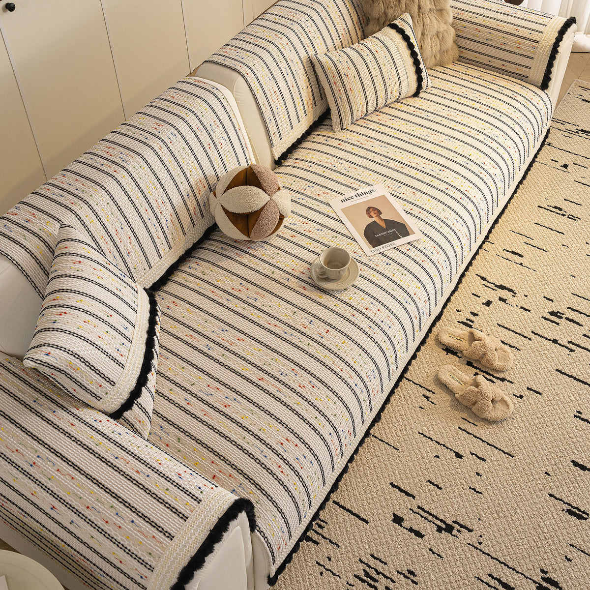 Textured Striped Sofa Cover with Plush Trim, Non-Slip Couch Protector Sectional Covers