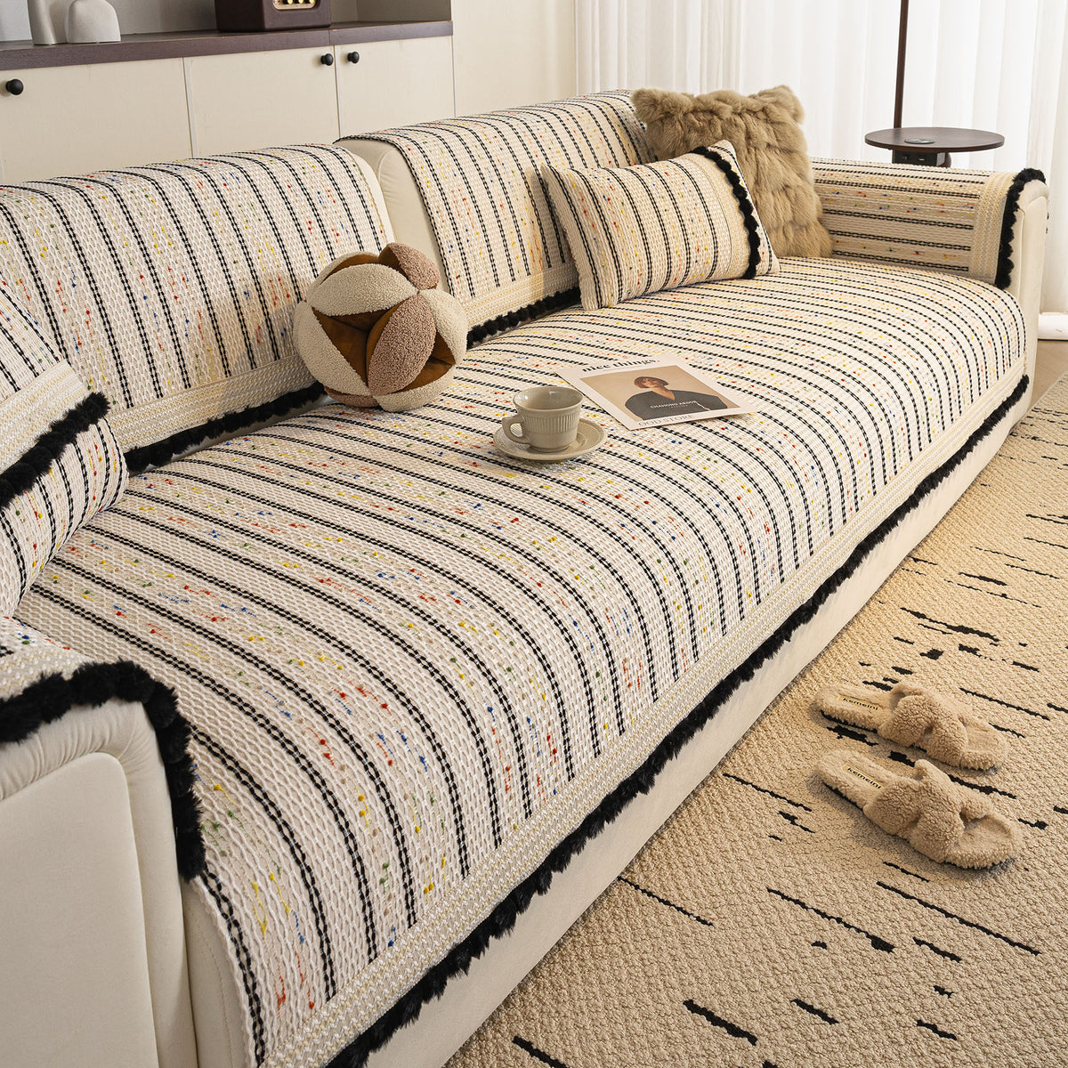 Textured Striped Sofa Cover with Plush Trim, Non-Slip Couch Protector Sectional Covers