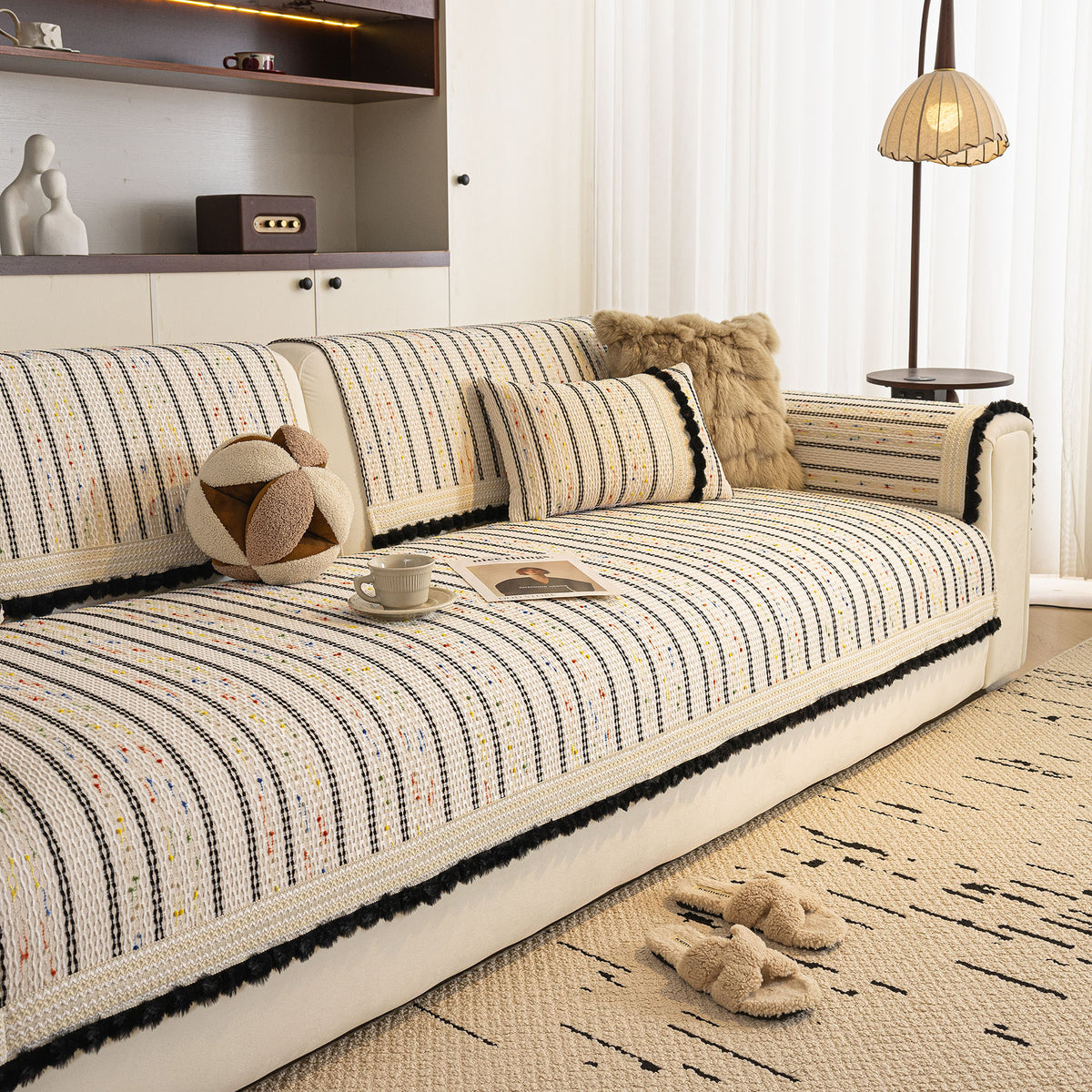 Textured Striped Sofa Cover with Plush Trim, Non-Slip Couch Protector Sectional Covers