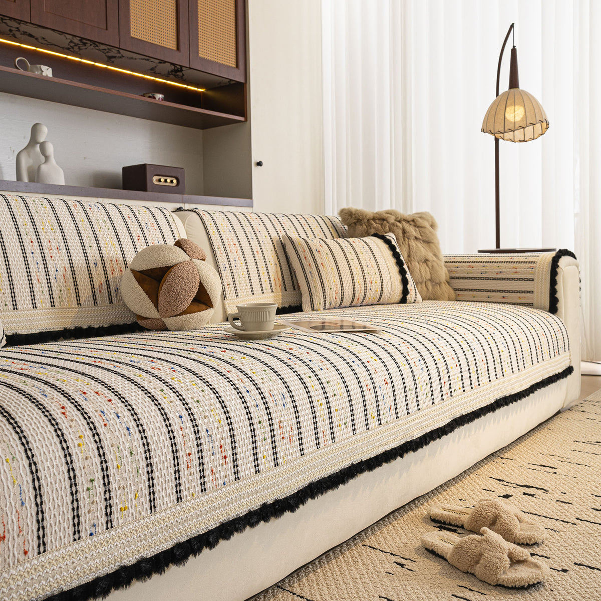 Textured Striped Sofa Cover with Plush Trim, Non-Slip Couch Protector Sectional Covers