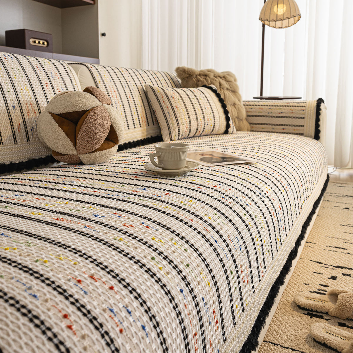 Textured Striped Sofa Cover with Plush Trim, Non-Slip Couch Protector Sectional Covers