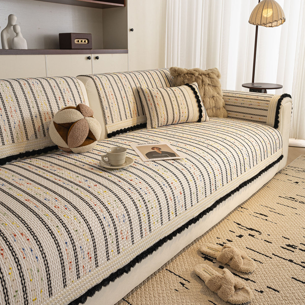 Textured Striped Sofa Cover with Plush Trim, Non-Slip Couch Protector Sectional Covers