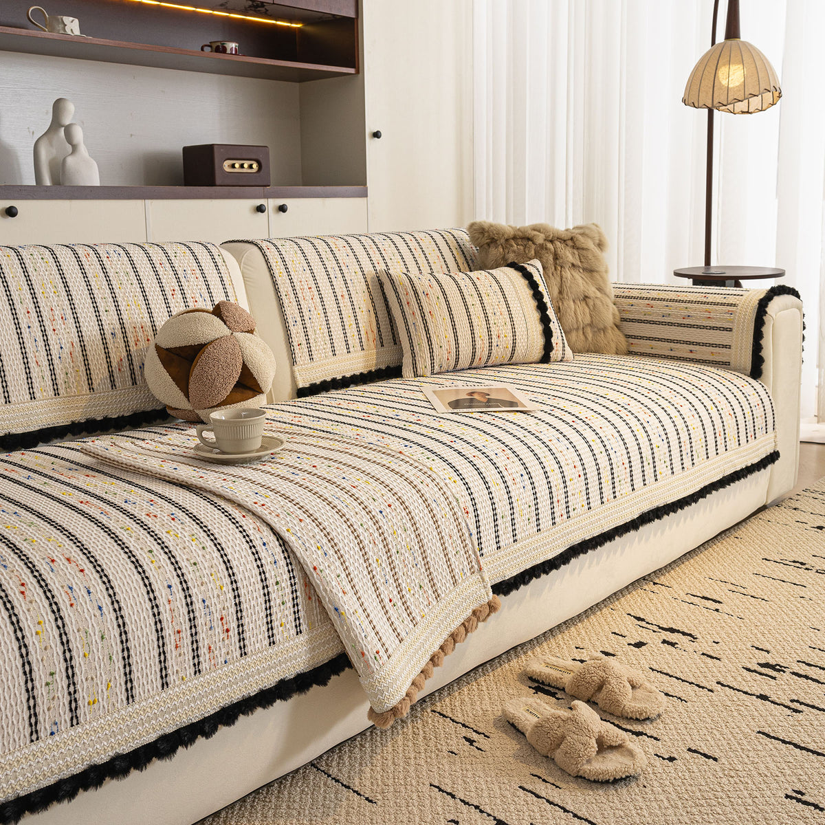 Textured Striped Sofa Cover with Plush Trim, Non-Slip Couch Protector Sectional Covers