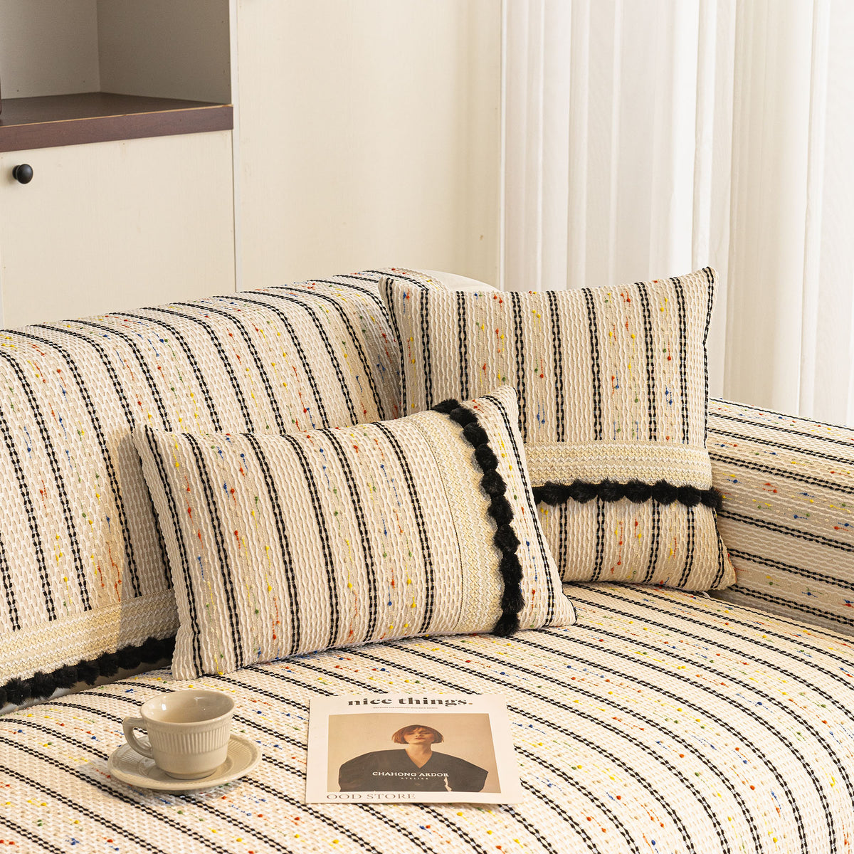 Textured Striped Sofa Cover with Plush Trim, Non-Slip Couch Protector Sectional Covers
