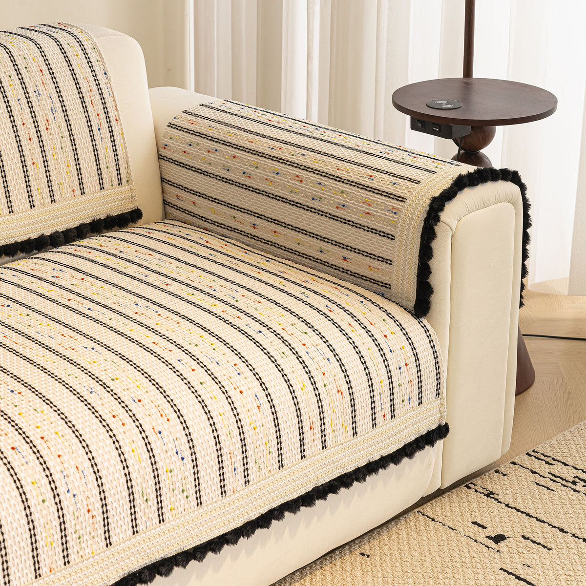 Textured Striped Sofa Cover with Plush Trim, Non-Slip Couch Protector Sectional Covers