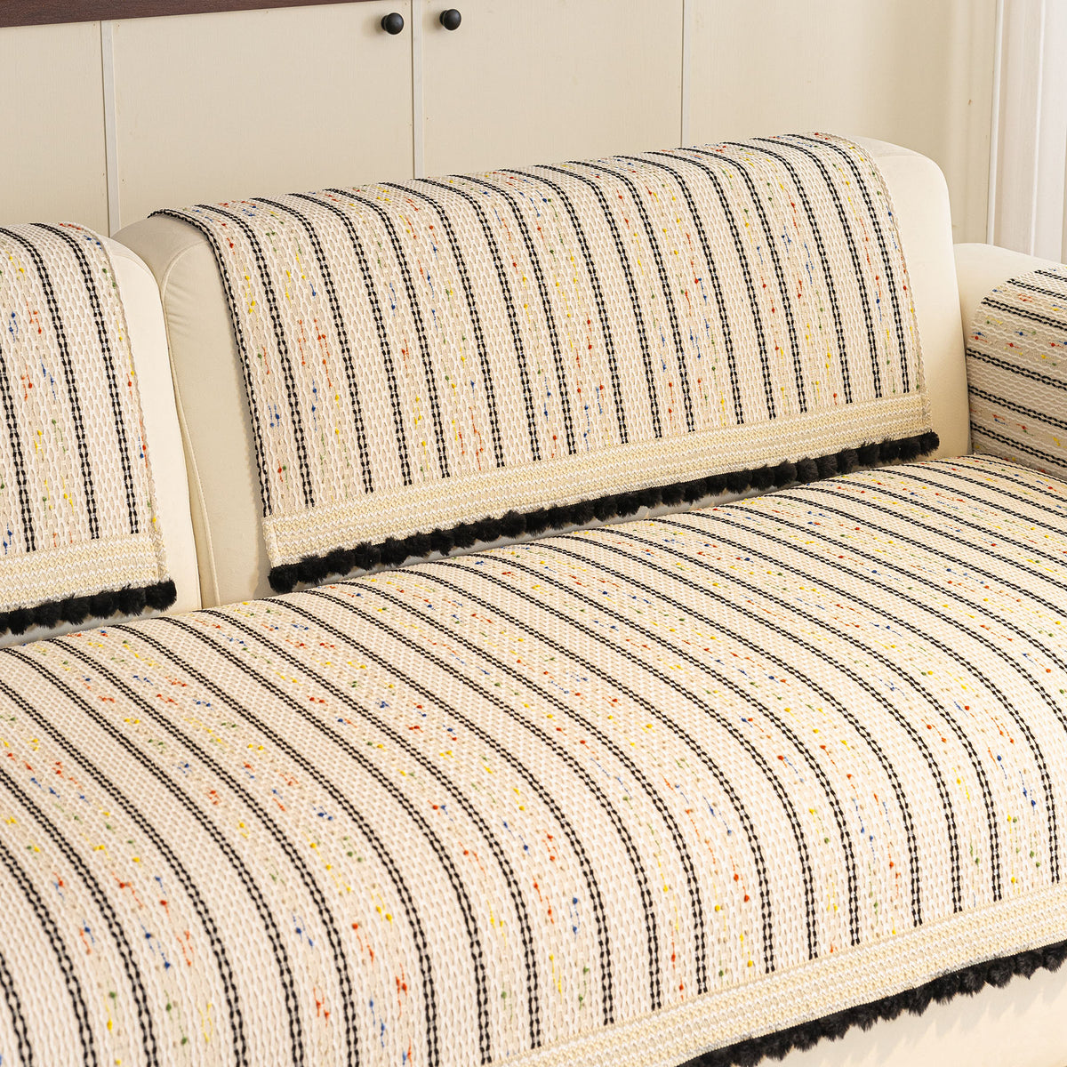 Textured Striped Sofa Cover with Plush Trim, Non-Slip Couch Protector Sectional Covers