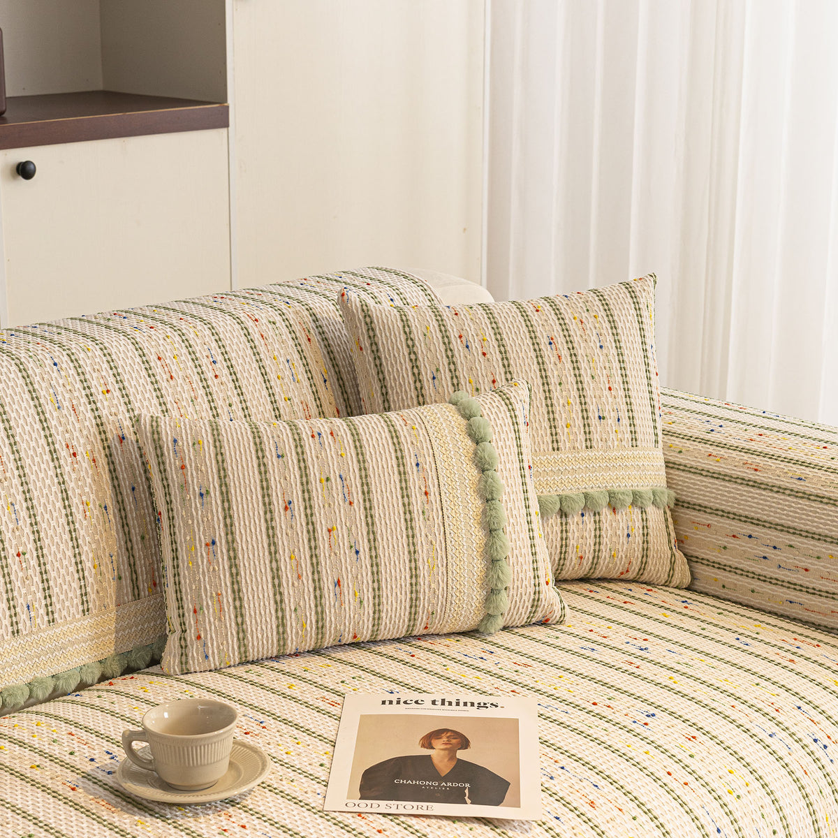 Textured Striped Sofa Cover with Plush Trim, Non-Slip Couch Protector Sectional Covers
