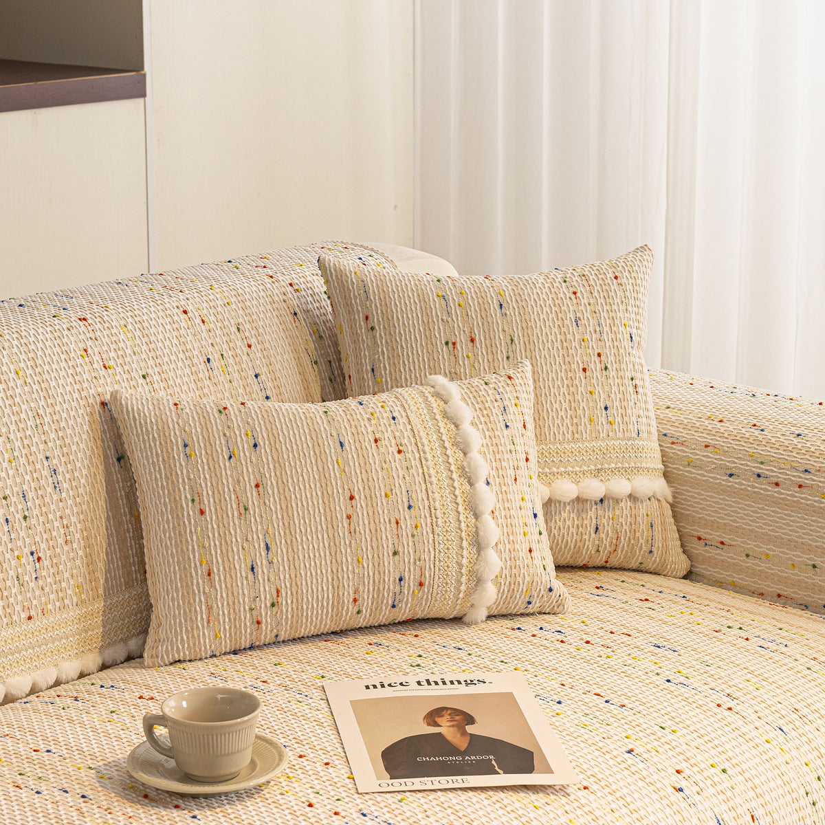 Textured Striped Sofa Cover with Plush Trim, Non-Slip Couch Protector Sectional Covers