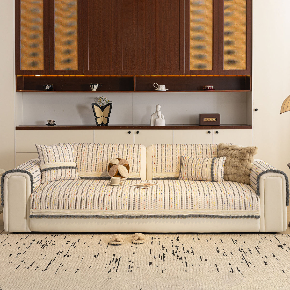 Textured Striped Sofa Cover with Plush Trim, Non-Slip Couch Protector Sectional Covers