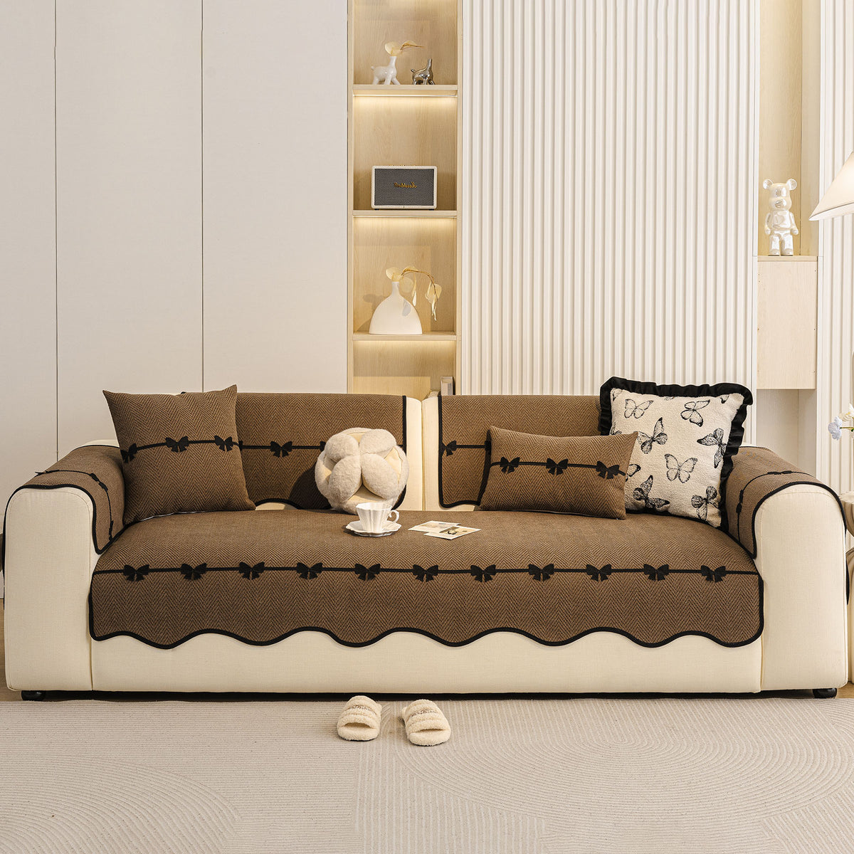 Chenille Herringbone Sofa Cover, Couch Protector with Bow Detail & Scalloped Trim