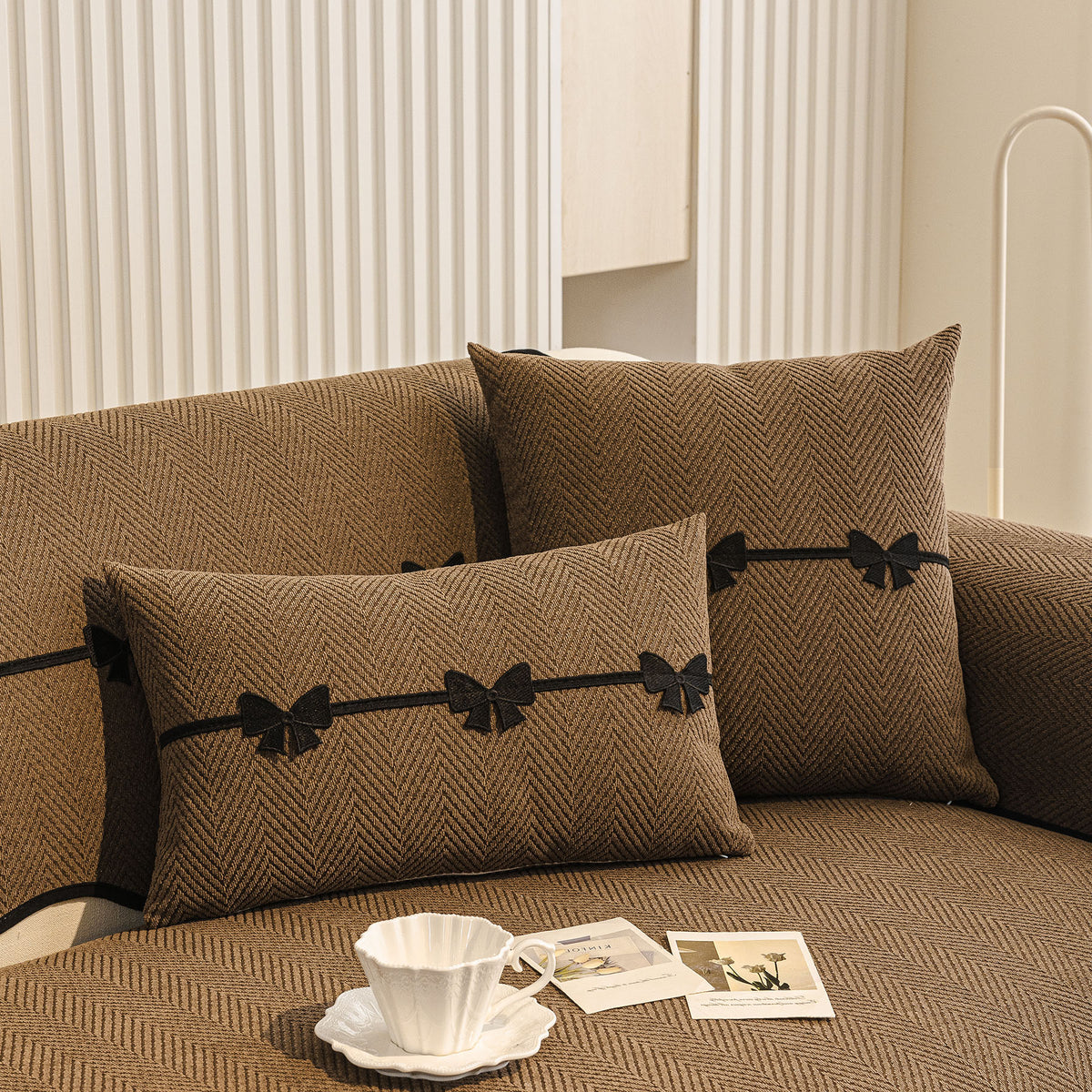 Chenille Herringbone Sofa Cover, Couch Protector with Bow Detail & Scalloped Trim
