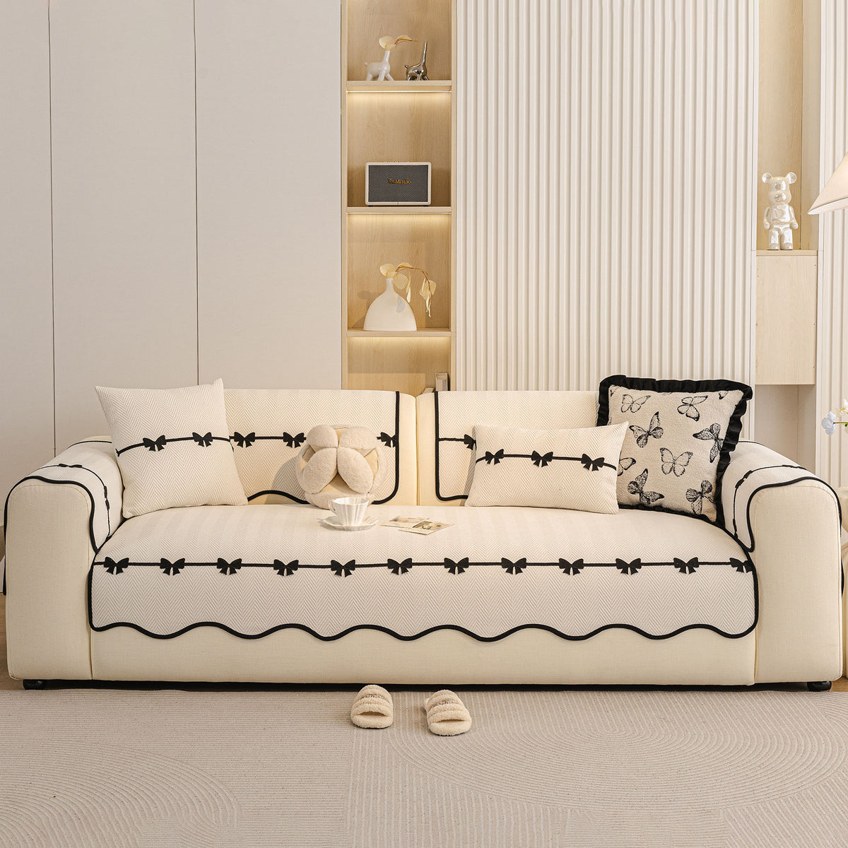 Chenille Herringbone Sofa Cover, Couch Protector with Bow Detail & Scalloped Trim
