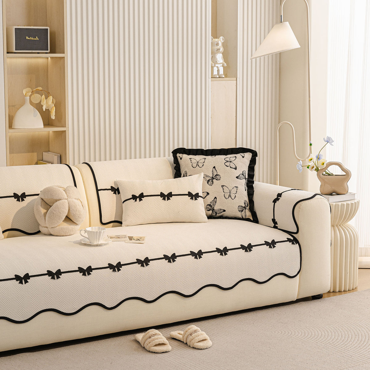 Chenille Herringbone Sofa Cover, Couch Protector with Bow Detail & Scalloped Trim