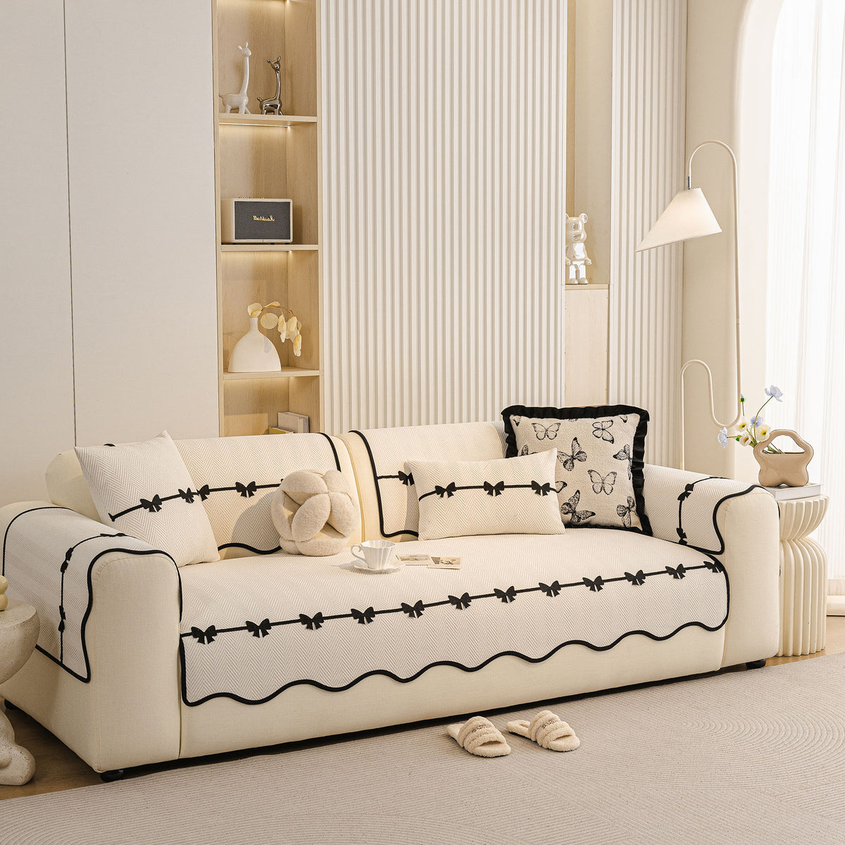 Chenille Herringbone Sofa Cover, Couch Protector with Bow Detail & Scalloped Trim