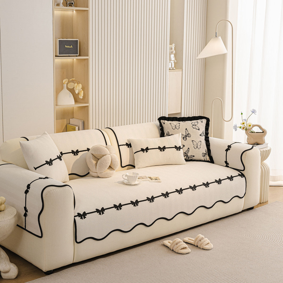 Chenille Herringbone Sofa Cover, Couch Protector with Bow Detail & Scalloped Trim