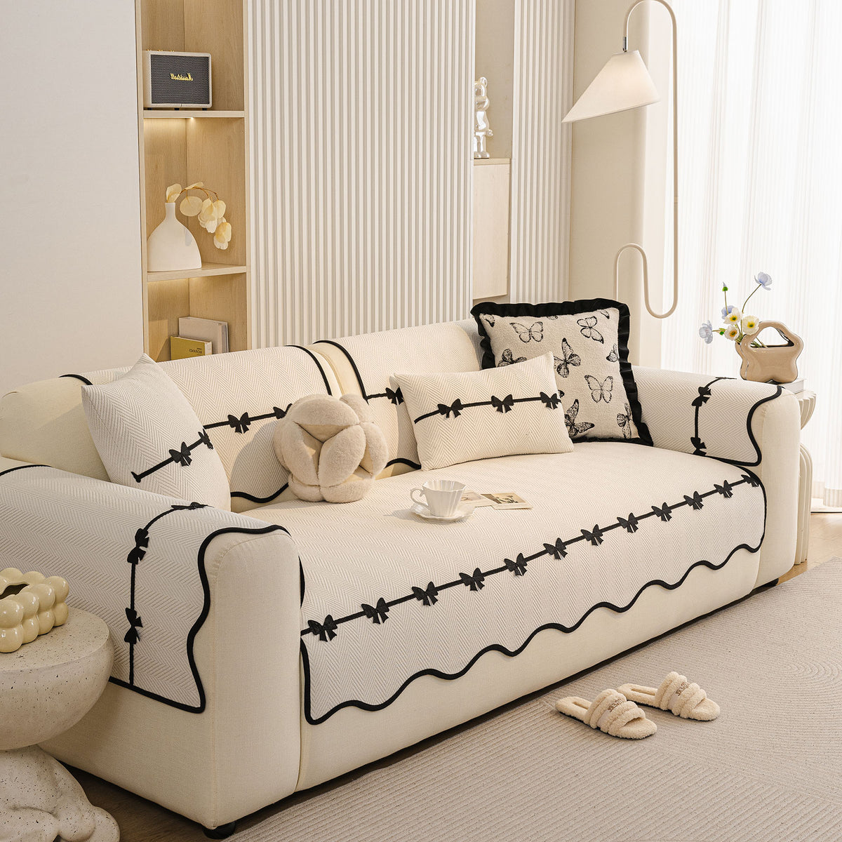 Chenille Herringbone Sofa Cover, Couch Protector with Bow Detail & Scalloped Trim