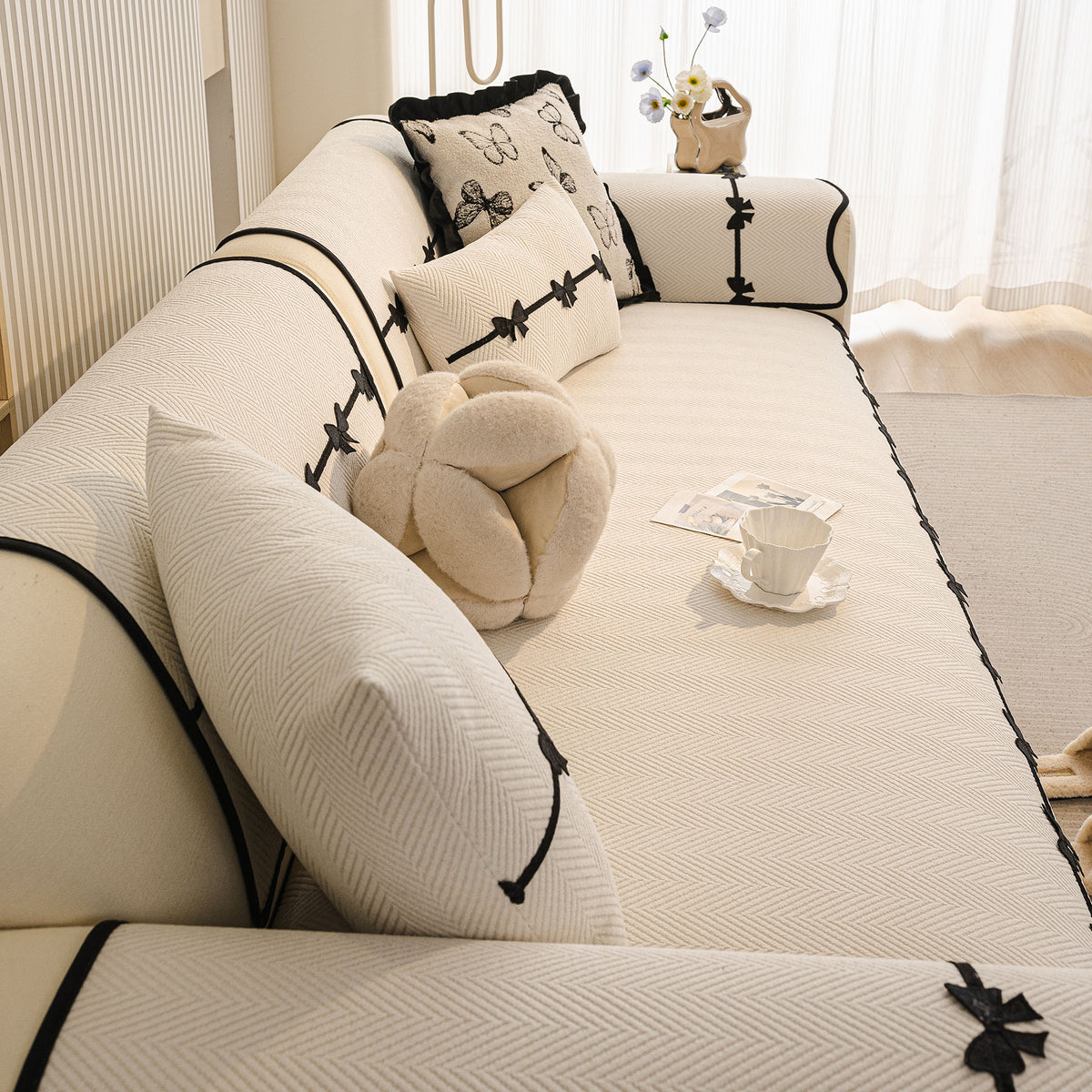 Chenille Herringbone Sofa Cover, Couch Protector with Bow Detail & Scalloped Trim