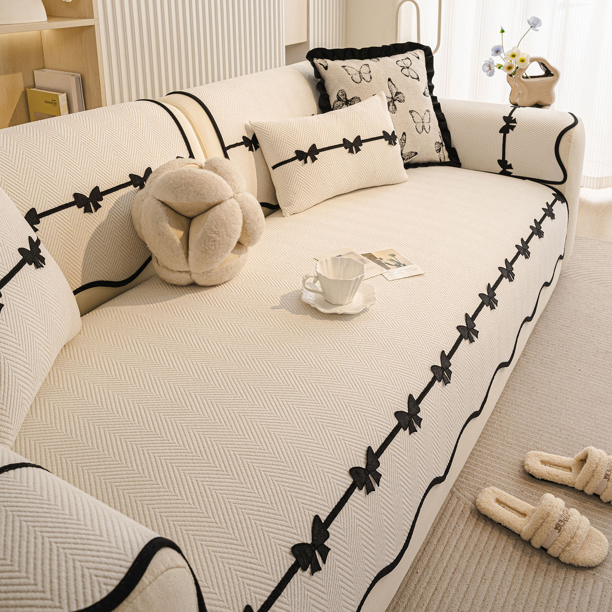 Chenille Herringbone Sofa Cover, Couch Protector with Bow Detail & Scalloped Trim