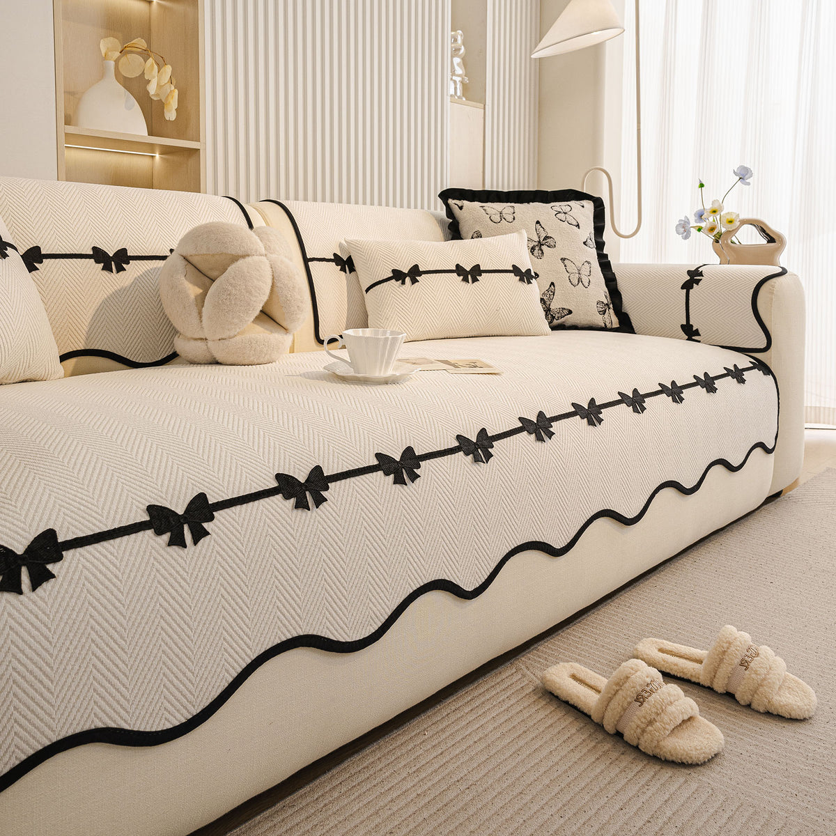 Chenille Herringbone Sofa Cover, Couch Protector with Bow Detail & Scalloped Trim