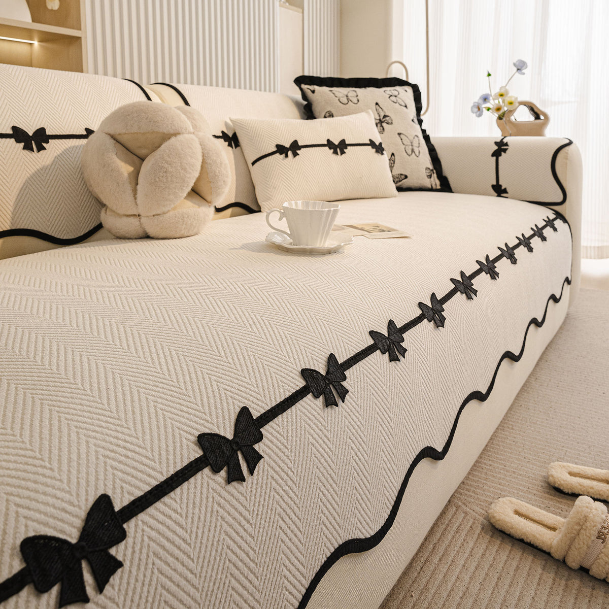 Chenille Herringbone Sofa Cover, Couch Protector with Bow Detail & Scalloped Trim