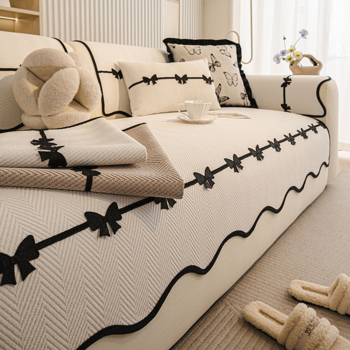 Chenille Herringbone Sofa Cover, Couch Protector with Bow Detail & Scalloped Trim
