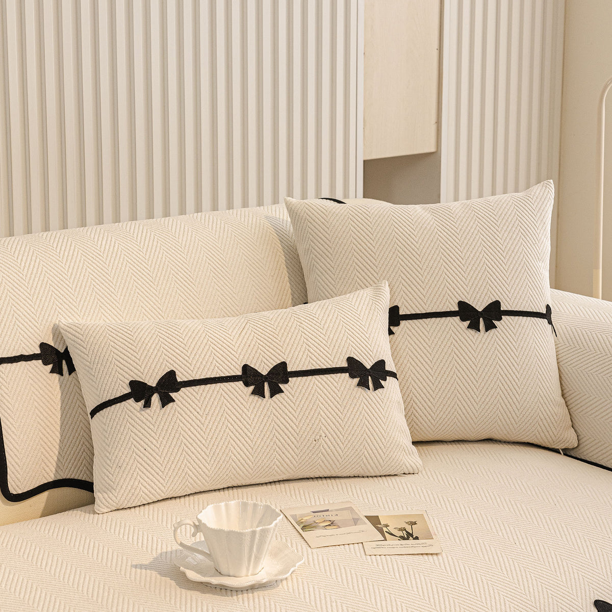Chenille Herringbone Sofa Cover, Couch Protector with Bow Detail & Scalloped Trim