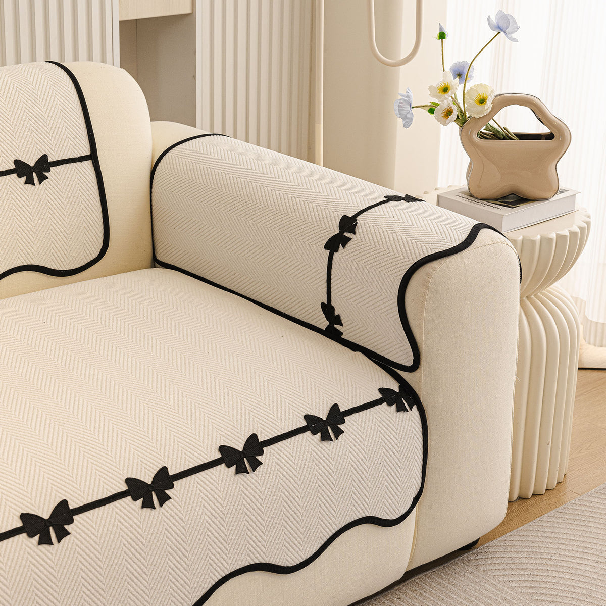 Chenille Herringbone Sofa Cover, Couch Protector with Bow Detail & Scalloped Trim