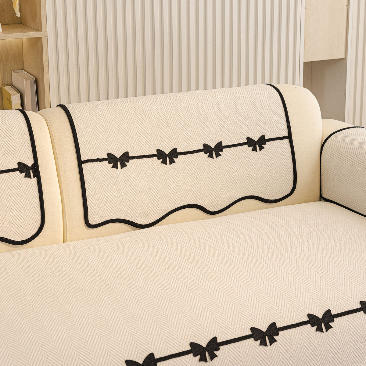 Chenille Herringbone Sofa Cover, Couch Protector with Bow Detail & Scalloped Trim