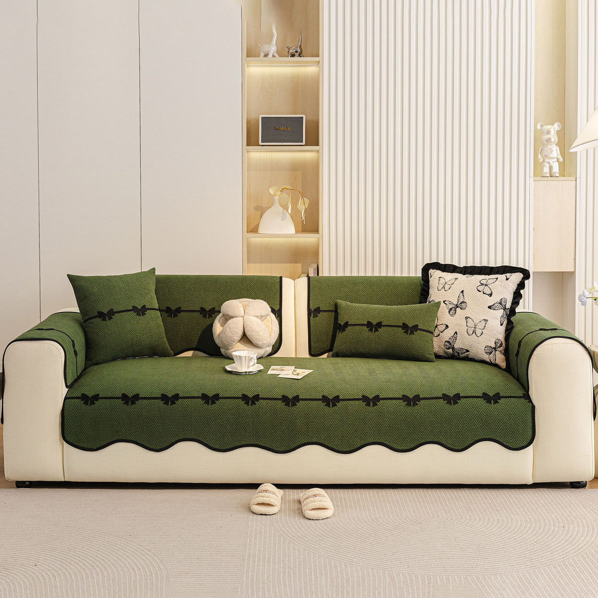 Chenille Herringbone Sofa Cover, Couch Protector with Bow Detail & Scalloped Trim