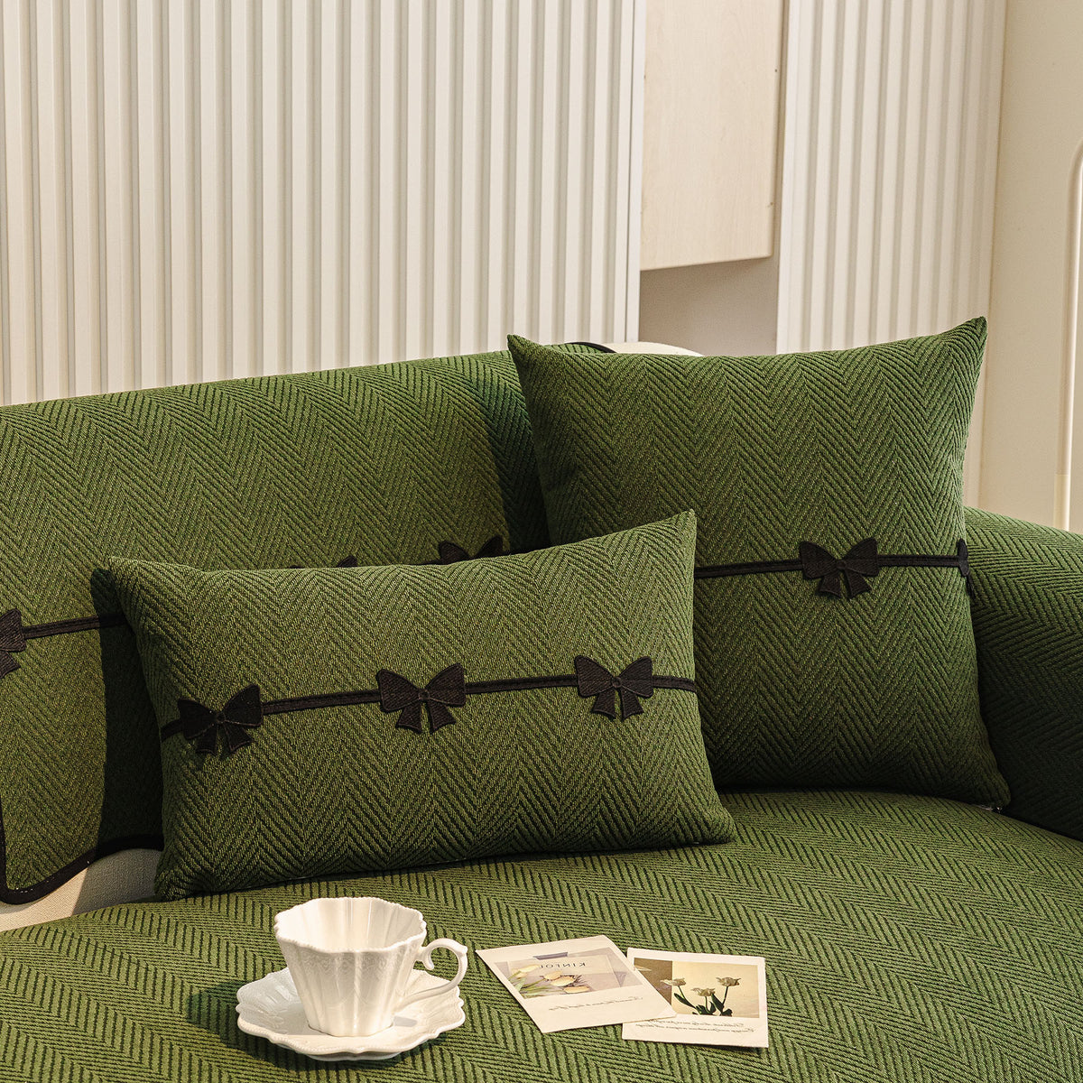 Chenille Herringbone Sofa Cover, Couch Protector with Bow Detail & Scalloped Trim