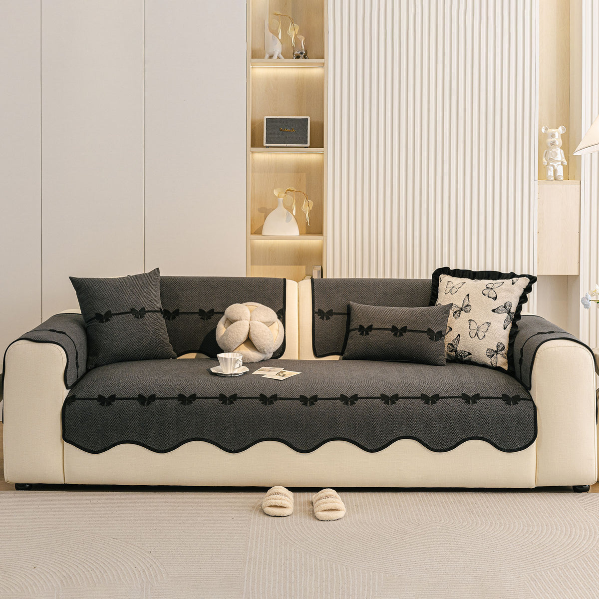 Chenille Herringbone Sofa Cover, Couch Protector with Bow Detail & Scalloped Trim