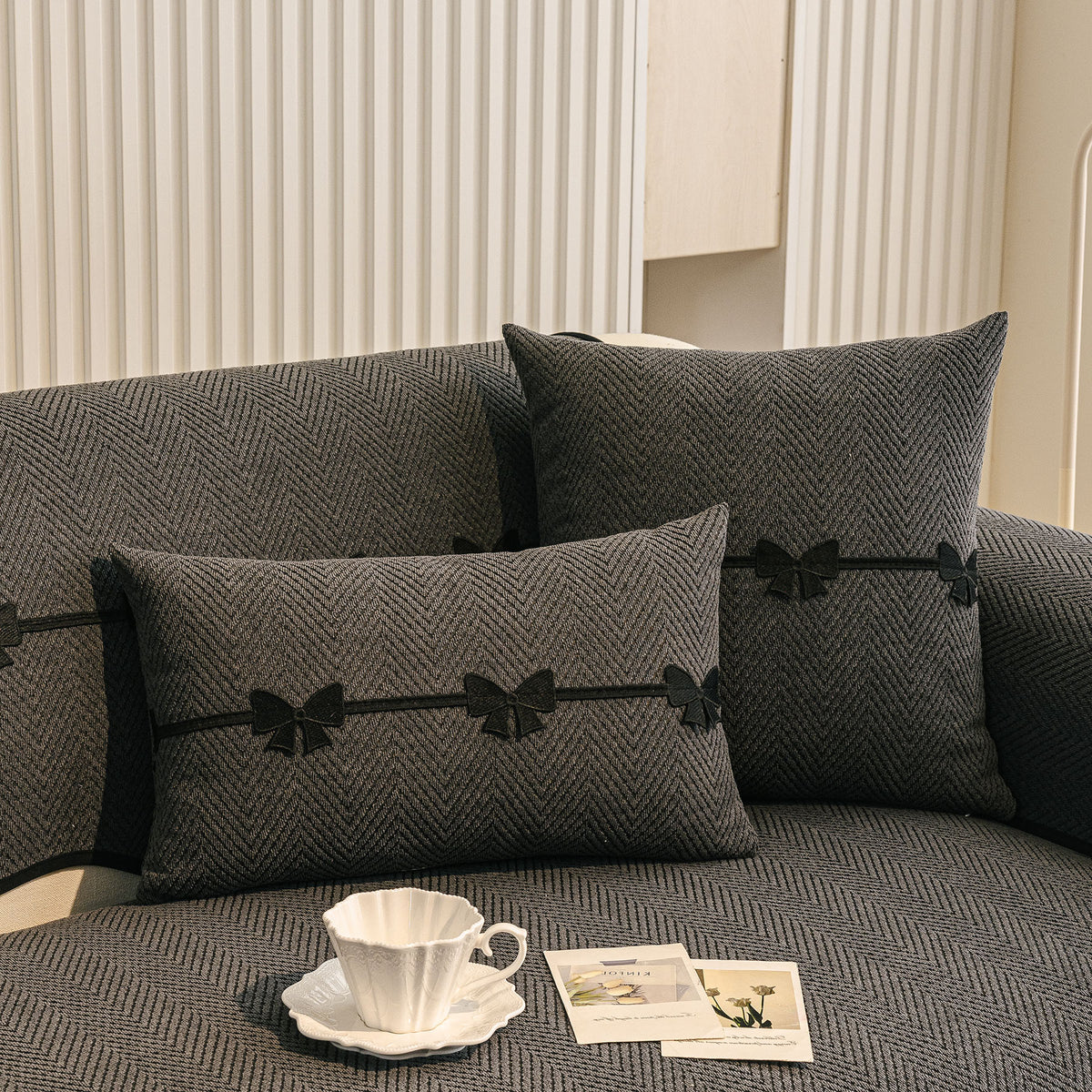 Chenille Herringbone Sofa Cover, Couch Protector with Bow Detail & Scalloped Trim