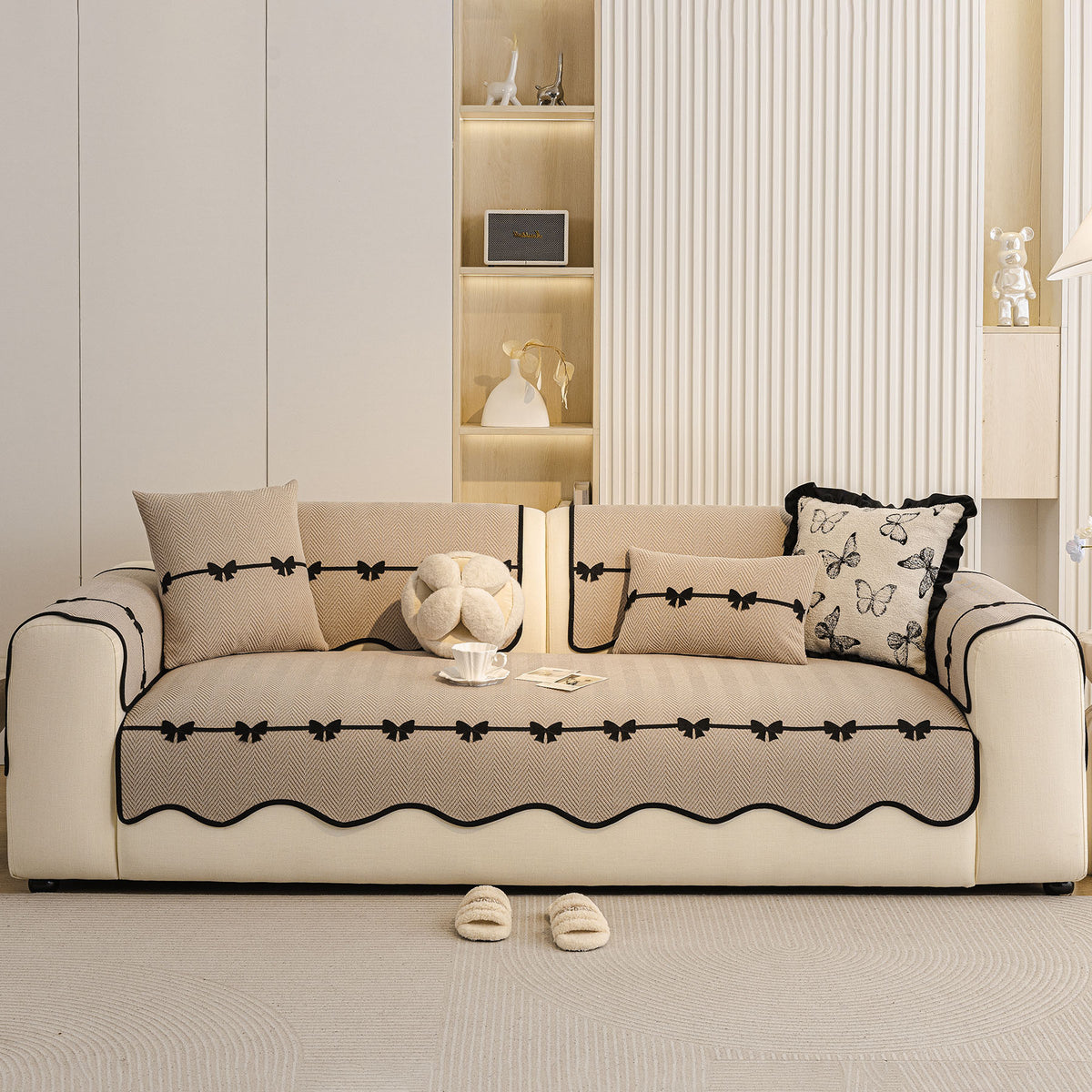 Chenille Herringbone Sofa Cover, Couch Protector with Bow Detail & Scalloped Trim