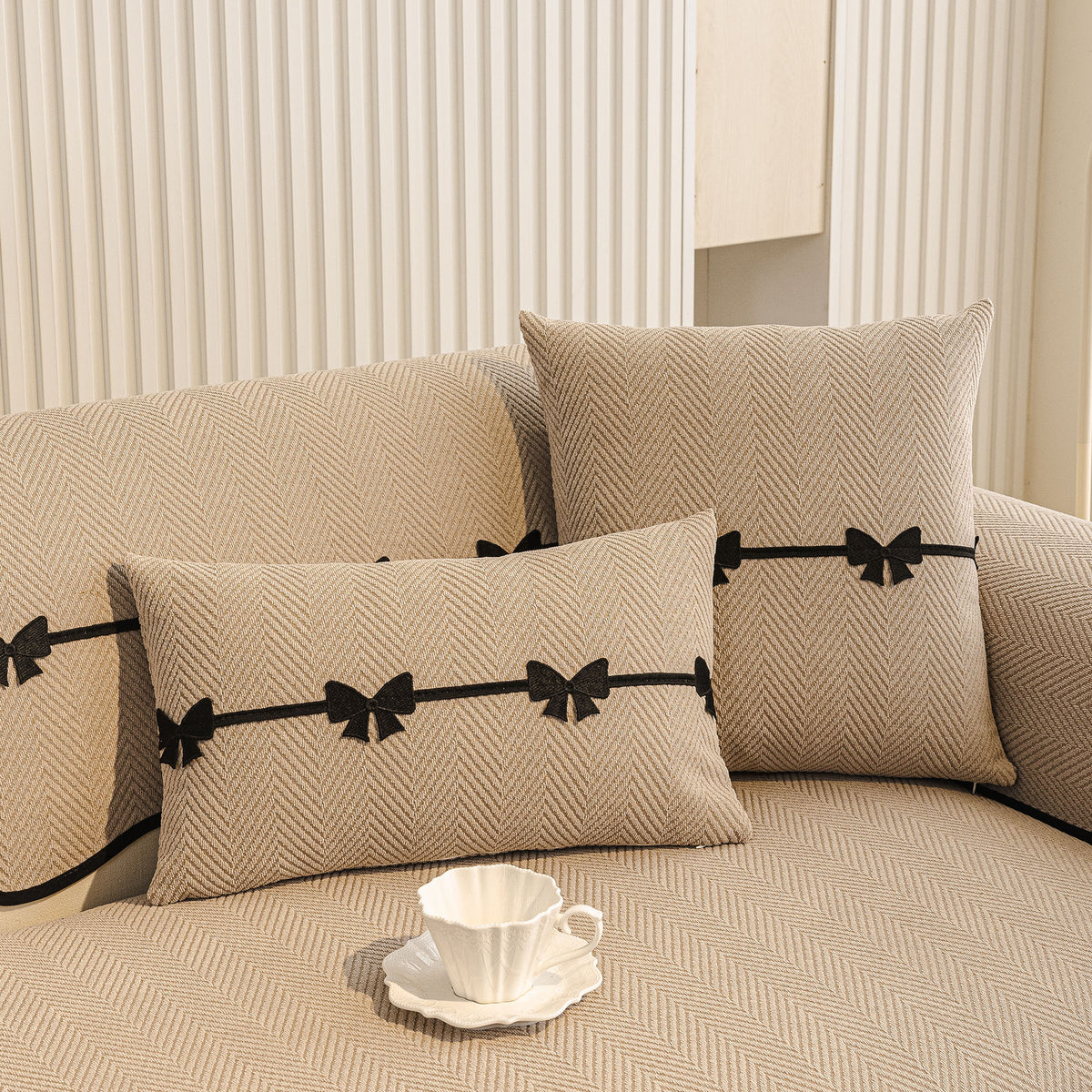 Chenille Herringbone Sofa Cover, Couch Protector with Bow Detail & Scalloped Trim