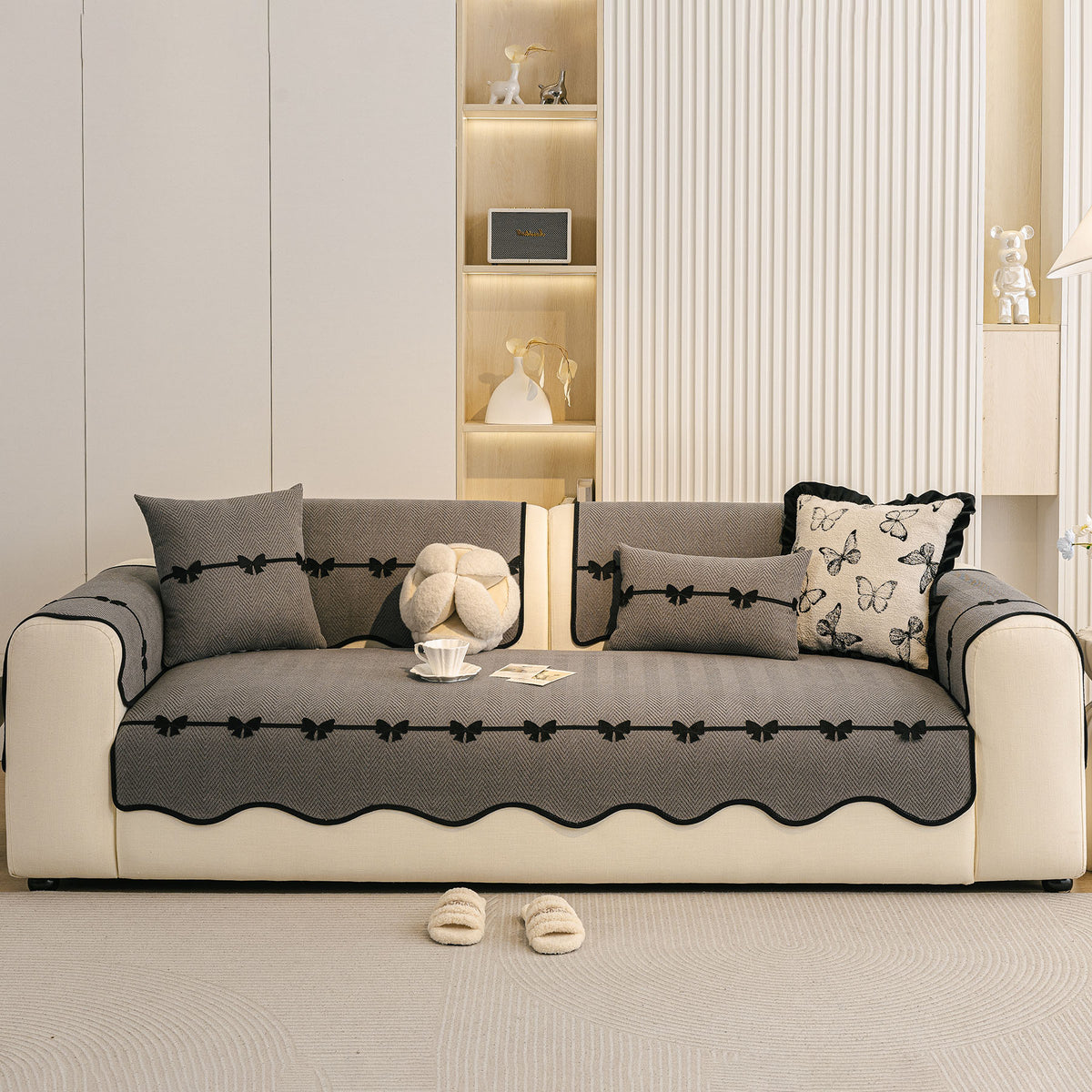 Chenille Herringbone Sofa Cover, Couch Protector with Bow Detail & Scalloped Trim