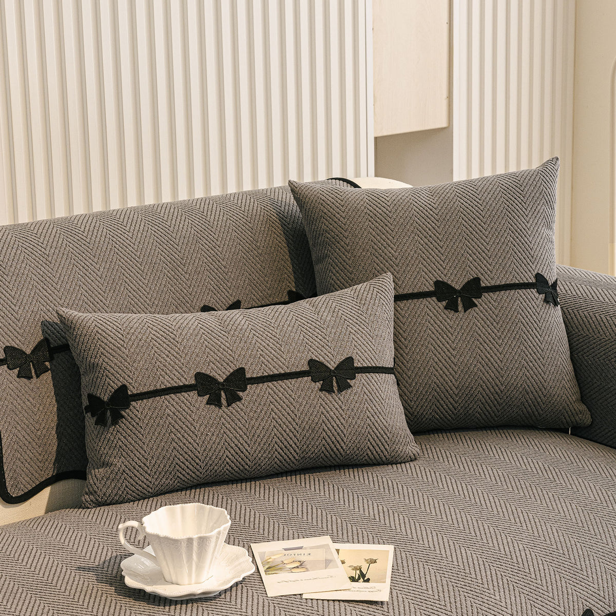 Chenille Herringbone Sofa Cover, Couch Protector with Bow Detail & Scalloped Trim