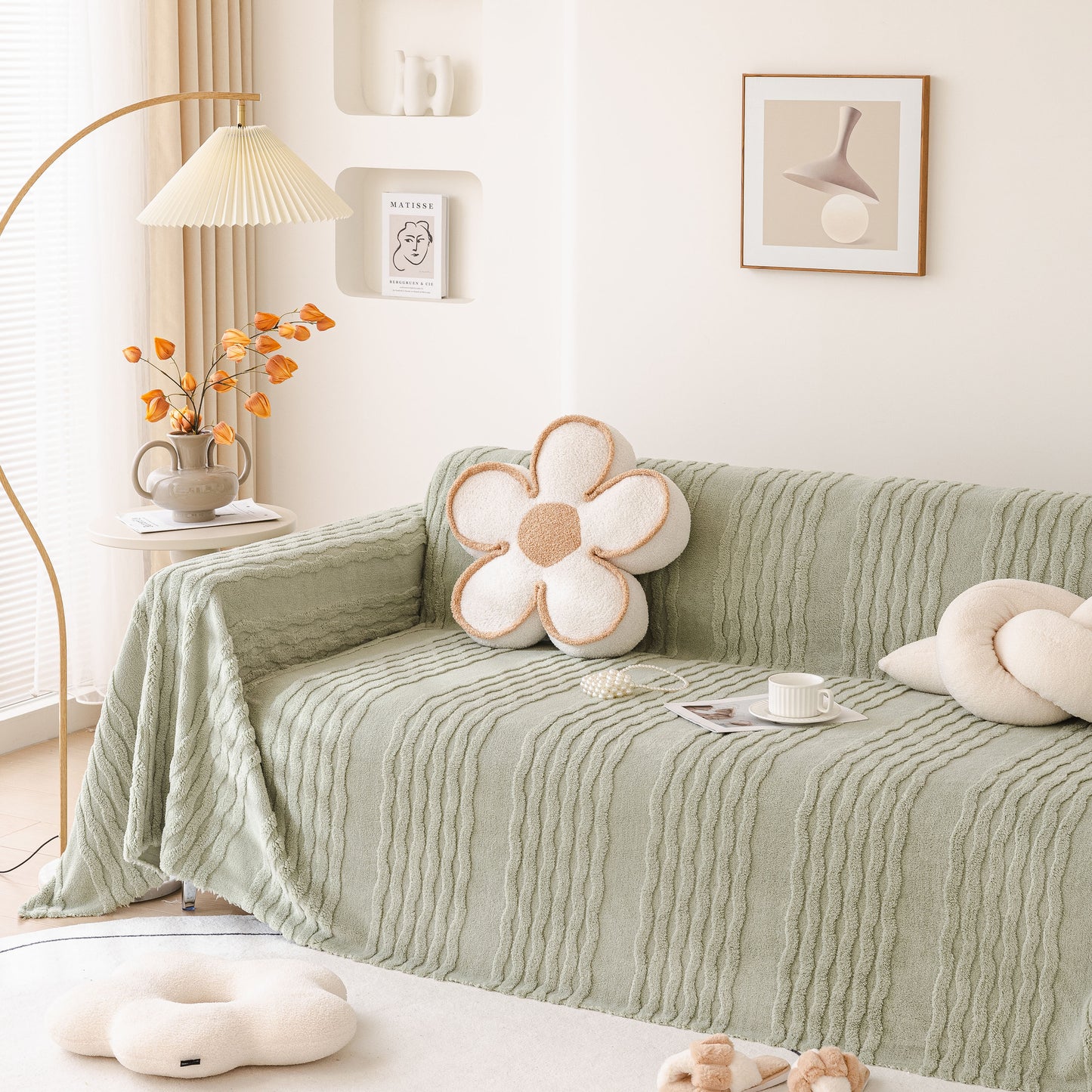 Modern 3D Water Ripple Sofa Cover, Non-Shedding Cream Style Furniture Protector Throw