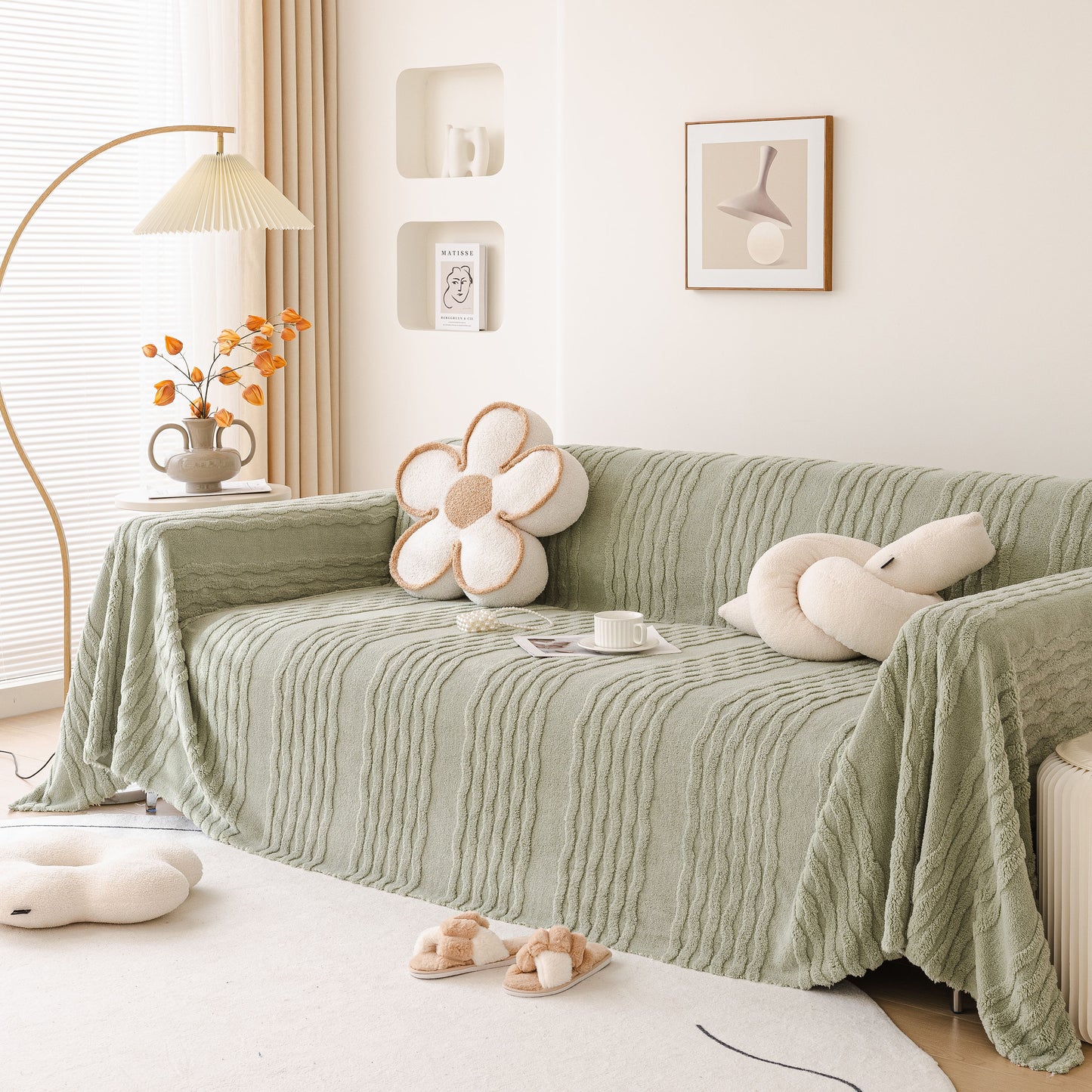 Modern 3D Water Ripple Sofa Cover, Non-Shedding Cream Style Furniture Protector Throw