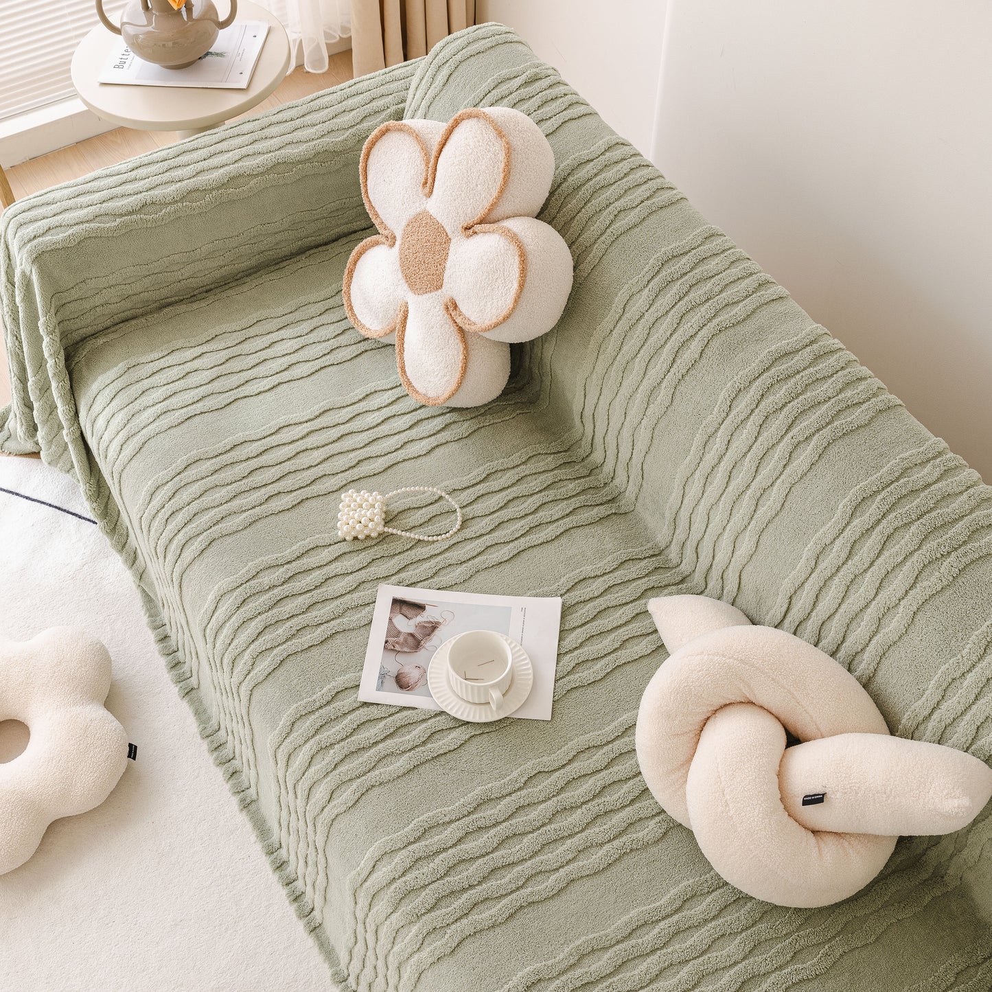 Modern 3D Water Ripple Sofa Cover, Non-Shedding Cream Style Furniture Protector Throw