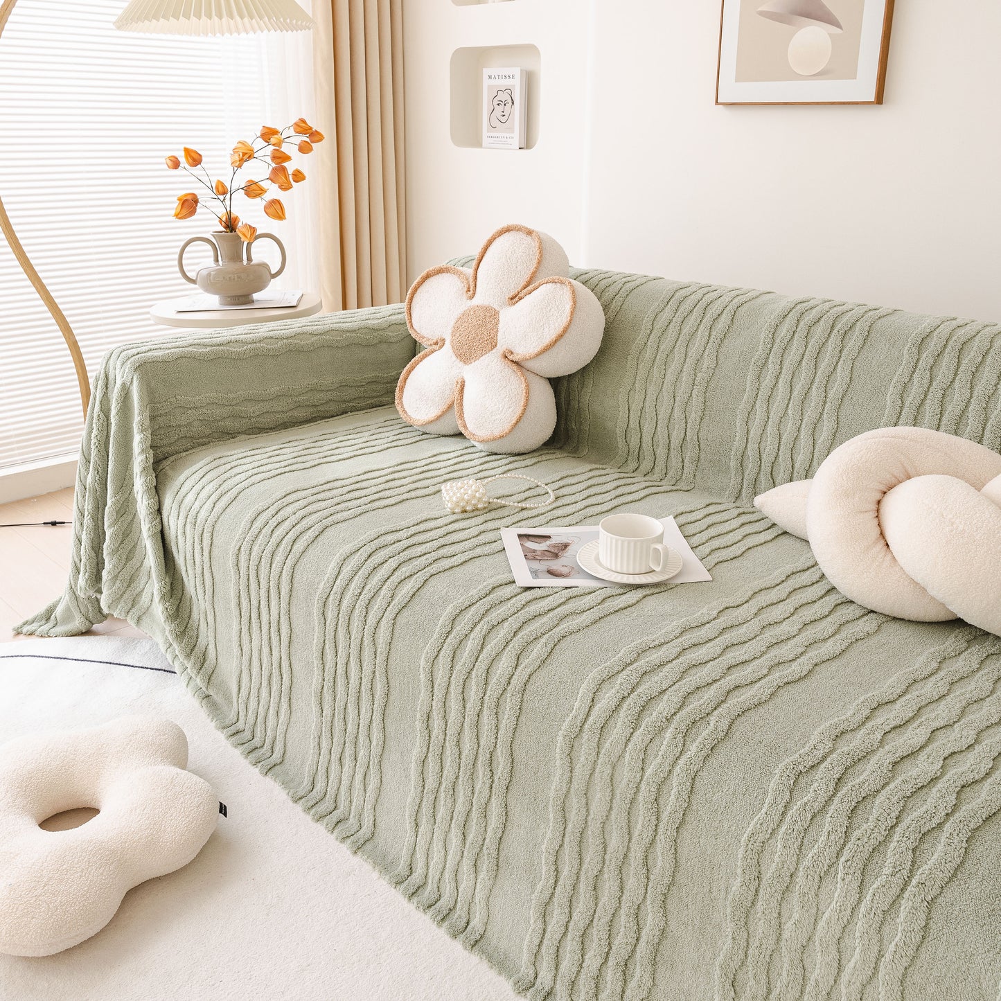 Modern 3D Water Ripple Sofa Cover, Non-Shedding Cream Style Furniture Protector Throw