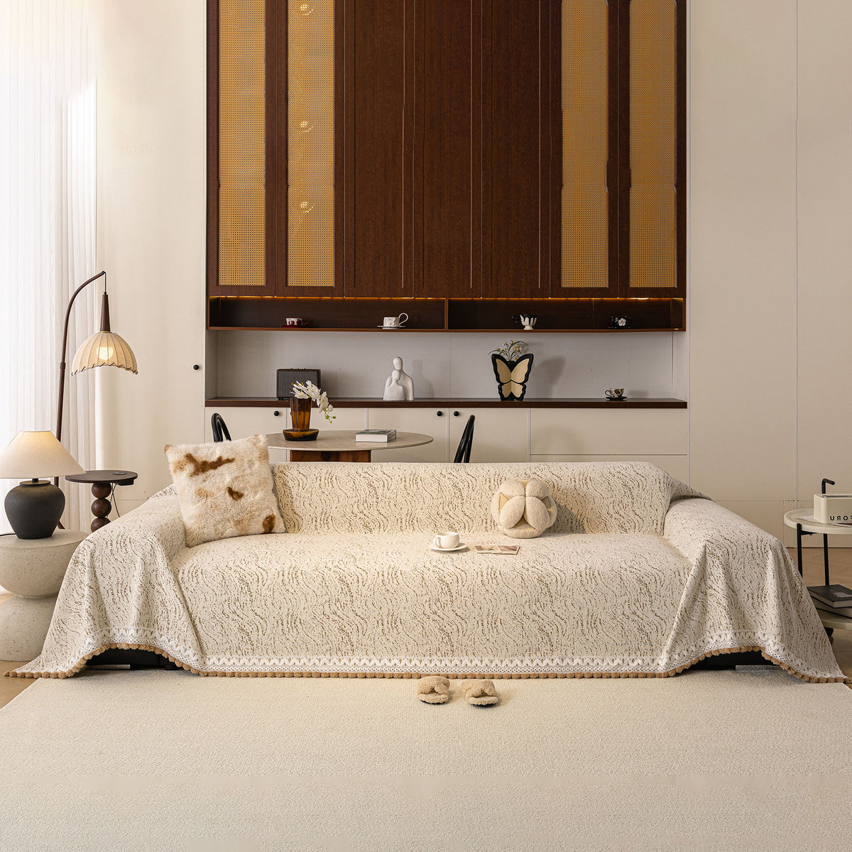 Luxury Elegant Chenille Sofa Throw Cover with Floral Embroidered Lace & Pom-Pom Trim