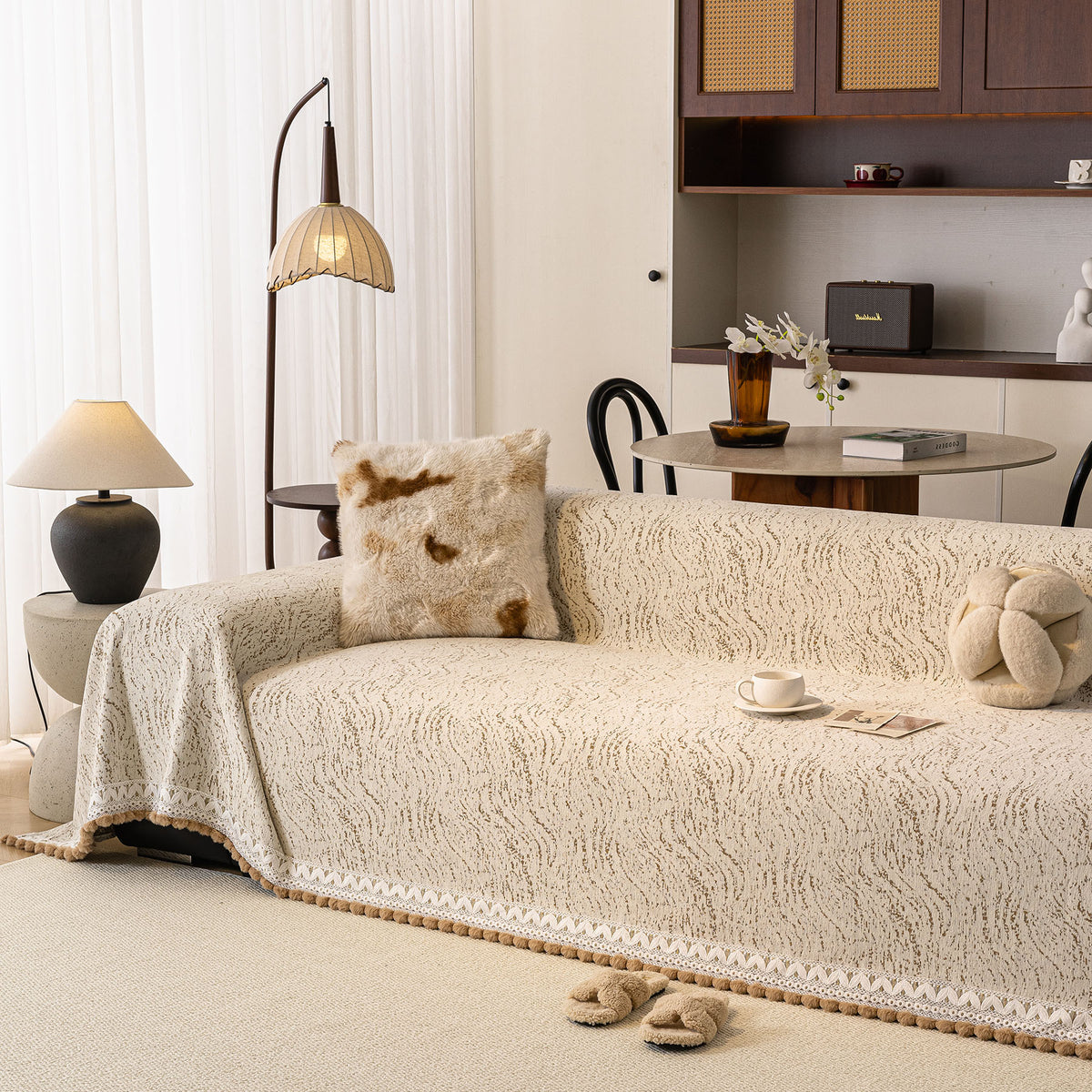 Luxury Elegant Chenille Sofa Throw Cover with Floral Embroidered Lace & Pom-Pom Trim