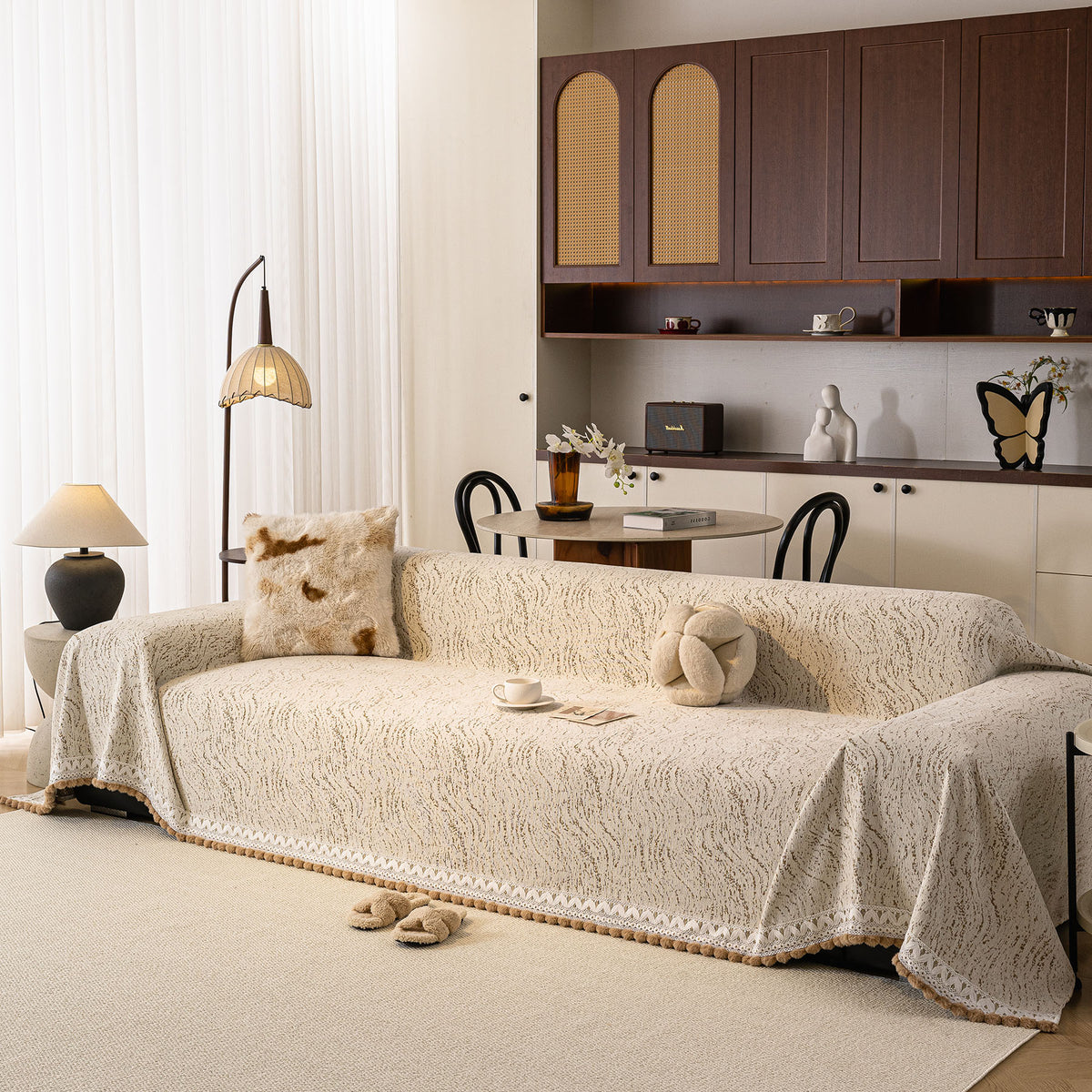 Luxury Elegant Chenille Sofa Throw Cover with Floral Embroidered Lace & Pom-Pom Trim