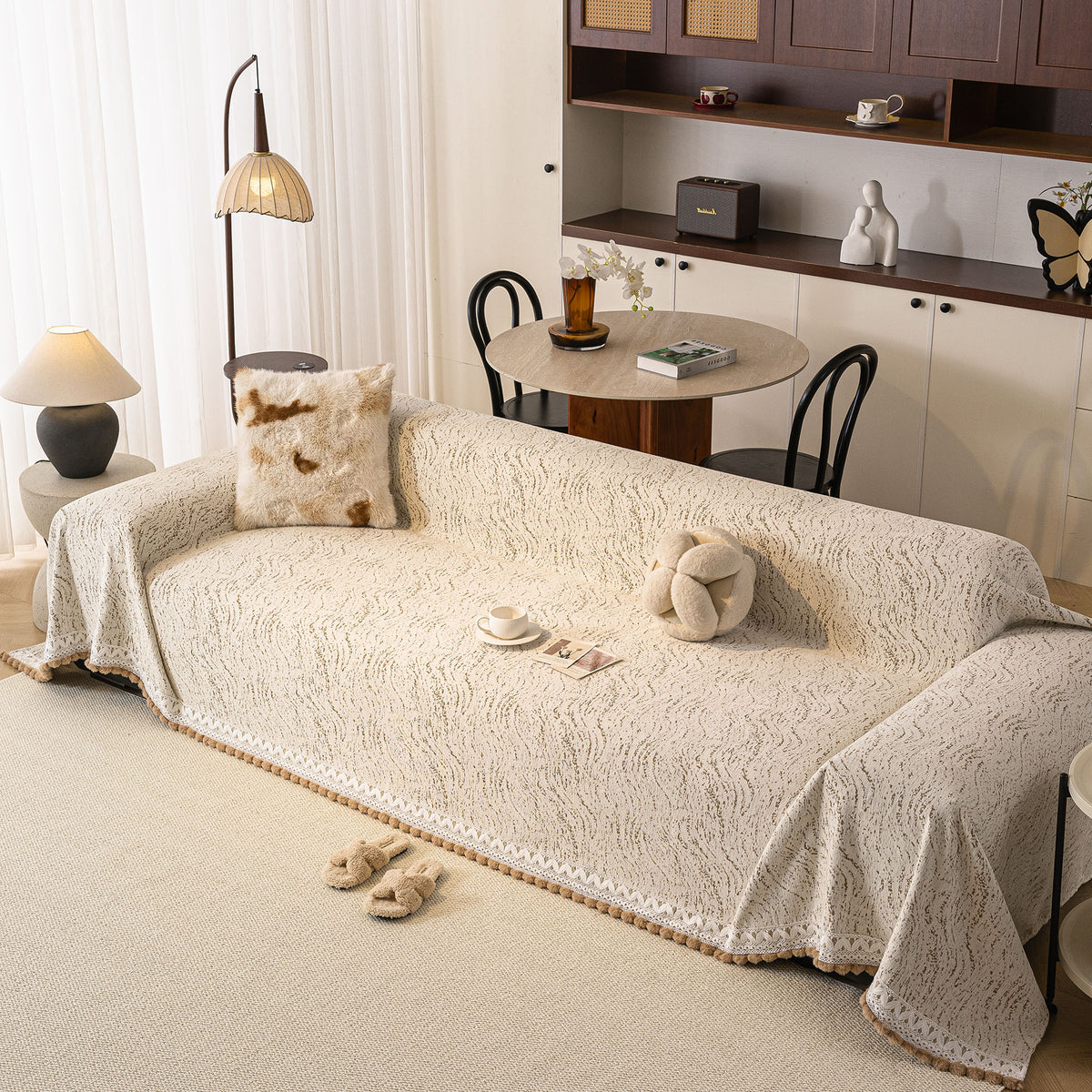 Luxury Elegant Chenille Sofa Throw Cover with Floral Embroidered Lace & Pom-Pom Trim