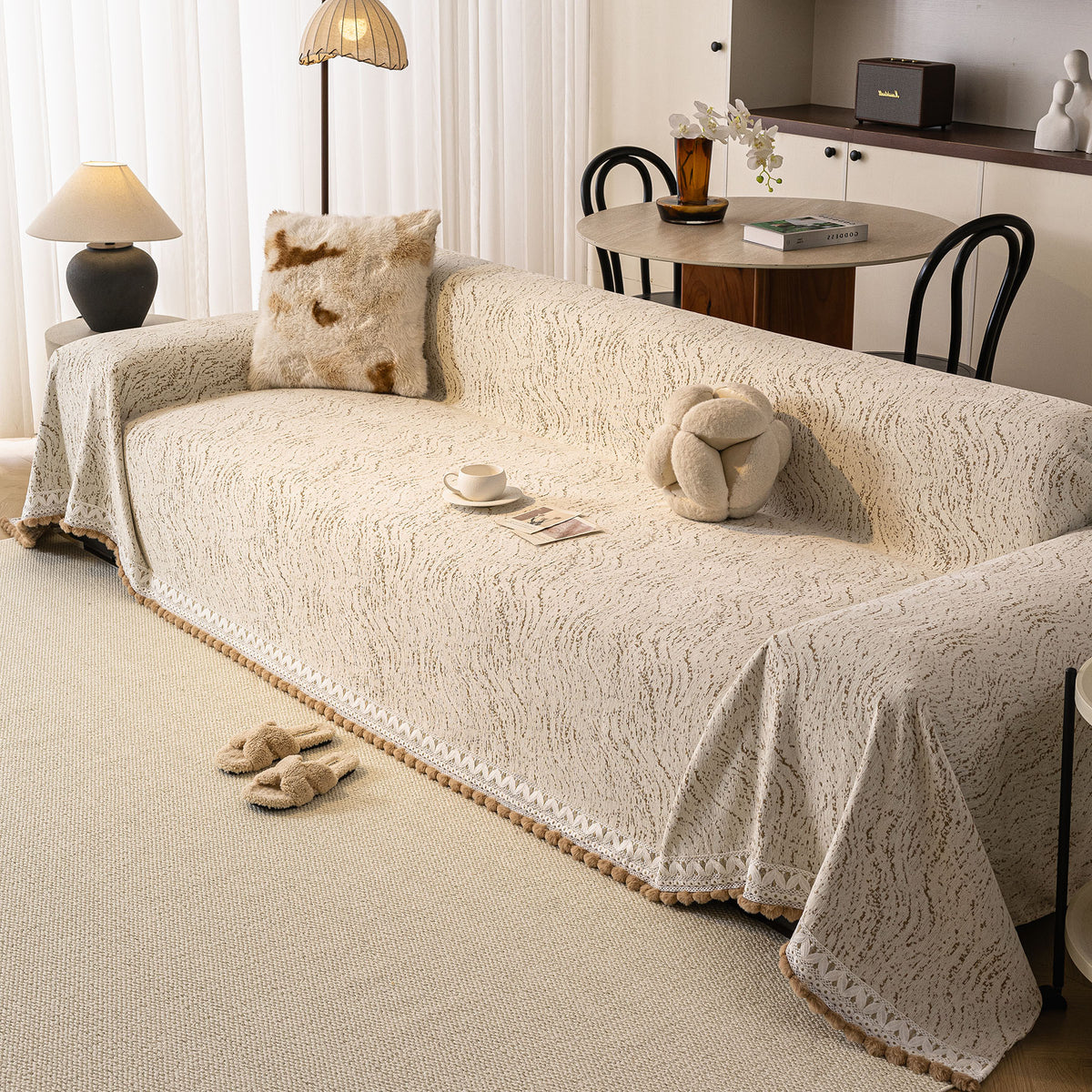 Luxury Elegant Chenille Sofa Throw Cover with Floral Embroidered Lace & Pom-Pom Trim