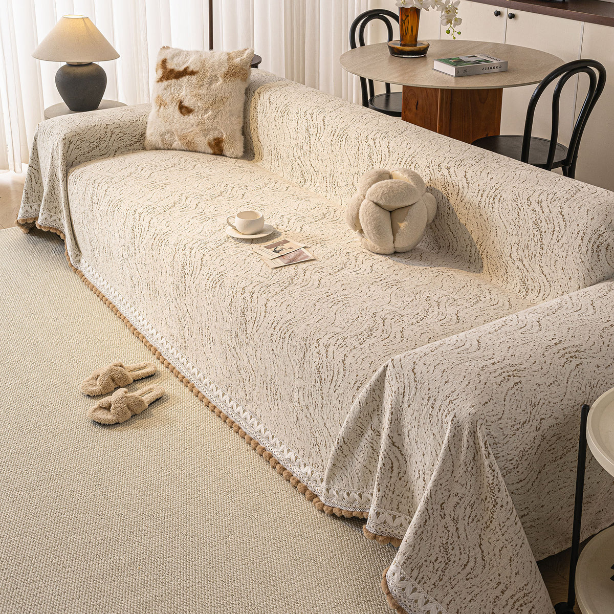 Luxury Elegant Chenille Sofa Throw Cover with Floral Embroidered Lace & Pom-Pom Trim