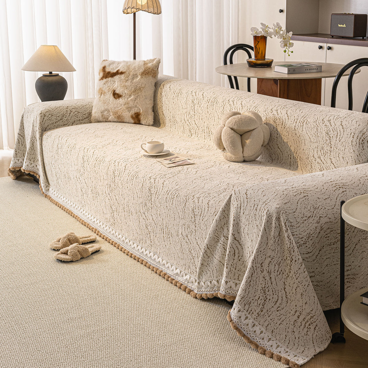 Luxury Elegant Chenille Sofa Throw Cover with Floral Embroidered Lace & Pom-Pom Trim